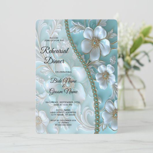 ティール（緑がかった色）ホワイトフローラリハーサルディナー 招待状 (スタンド正面)