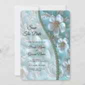 ティール（緑がかった色）ホワイトフローラ保存日付 セーブザデート (正面)