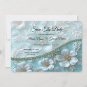 ティール（緑がかった色）ホワイトフローラ保存日付 セーブザデート (正面)