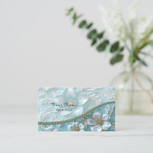 ティール（緑がかった色）ホワイトフローラ名刺 名刺 (スタンド正面)