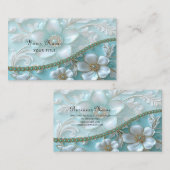 ティール(緑がかった色)ホワイトフローラ名刺 名刺 (正面/裏面)