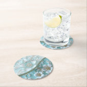 ティール（緑がかった色）ホワイトフローラ紙コースター ラウンドペーパーコースター (インサイチュ)