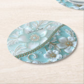 ティール（緑がかった色）ホワイトフローラ紙コースター ラウンドペーパーコースター (アングル)