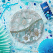 ティール（緑がかった色）ホワイトフローラ紙プレート ペーパープレート (パーティー)