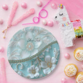 ティール（緑がかった色）ホワイトフローラ紙プレート ペーパープレート (パーティー)