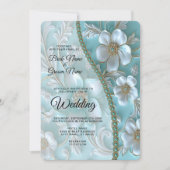 ティール(緑がかった色)ホワイトフローラ結婚式招待状 招待状 (正面)