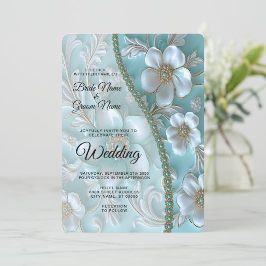 ティール(緑がかった色)ホワイトフローラ結婚式招待状 招待状 (スタンド正面)
