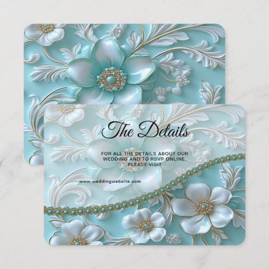 ティール(緑がかった色)ホワイトフローラ詳細エンクロージャカード エンクロージャーカード (正面/裏面)