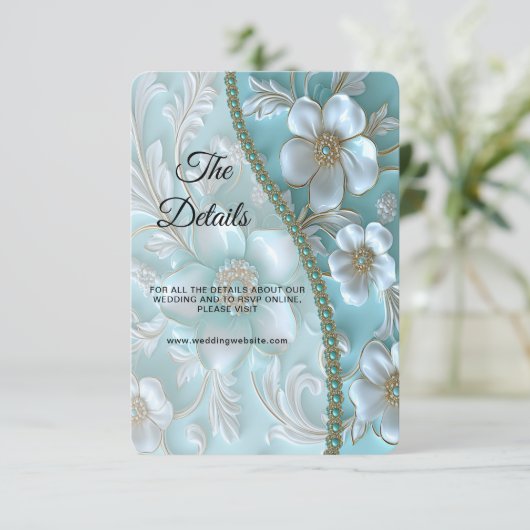 ティール（緑がかった色）ホワイトフローラ詳細エンクロージャカード エンクロージャーカード (スタンド正面)