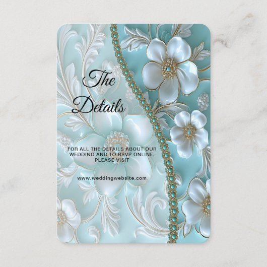 ティール（緑がかった色）ホワイトフローラ詳細エンクロージャカード エンクロージャーカード (正面)