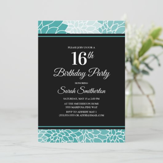 ティール(緑がかった色)ホワイトフローラ16thバースデーパーティー 招待状 (スタンド正面)
