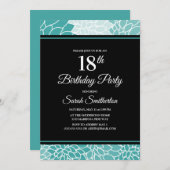 ティール（緑がかった色）ホワイトフローラ18thバースデーパーティー 招待状 (正面/裏面)