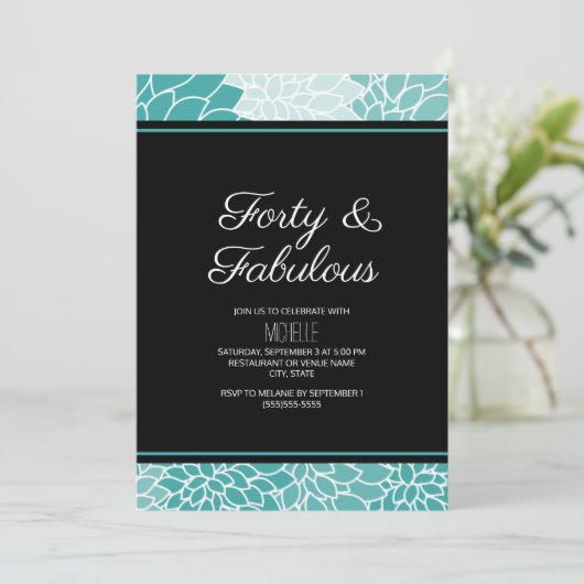 ティール(緑がかった色)ホワイトフローラ40と素晴らしい誕生日 招待状 (スタンド正面)