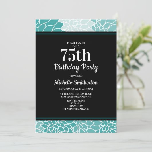 ティール(緑がかった色)ホワイトフローラ75thバースデーパーティー女性 招待状 (スタンド正面)