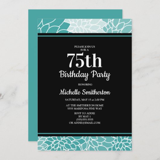 ティール(緑がかった色)ホワイトフローラ75thバースデーパーティー女性 招待状 (正面/裏面)