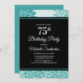 ティール（緑がかった色）ホワイトフローラ75thバースデーパーティー 招待状 (正面/裏面)