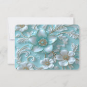 ティール（緑がかった色）ホワイトフローラRSVPカード 出欠カード (裏面)