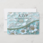 ティール（緑がかった色）ホワイトフローラRSVPカード 出欠カード (正面)