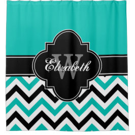 ティール（緑がかった色）ホワイトブラックLGシェブロン1ICBRネームモノグラム シャワーカーテン