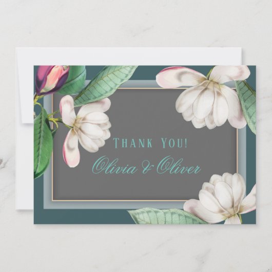 ティール（緑がかった色）ホワイトマグノリアフラワーサザンサンキューカード 招待状 (正面)