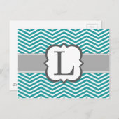 ティール(緑がかった色)ホワイトモノグラム文字Lシェブロン ポストカード (正面/裏面)