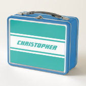 ティール(緑がかった色)ホワイトレーシングストライプズモノグラムキッズボーイズブルー メタルランチボックス (正面)