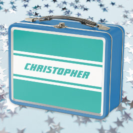 ティール（緑がかった色）ホワイトレーシングストライプズモノグラムキッズボーイズブルー メタルランチボックス