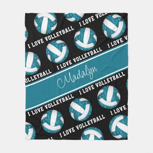 ティール（緑がかった色）ホワイト私はバレーボールが大好ガーリーきパーソナライズされた フリースブランケット (正面)
