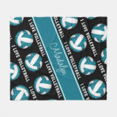 ティール（緑がかった色）ホワイト私はバレーボールが大好ガーリーきパーソナライズされた フリースブランケット (正面(横))