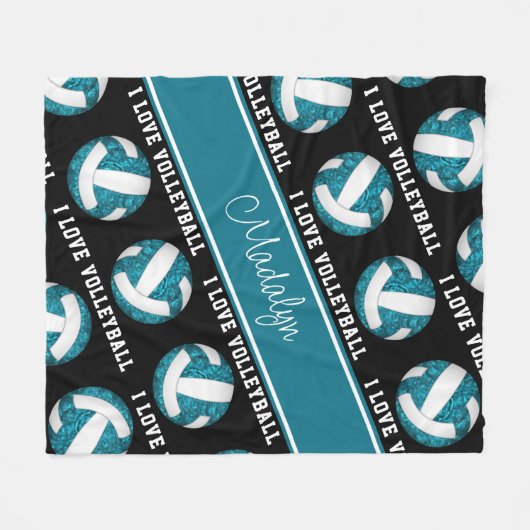 ティール（緑がかった色）ホワイト私はバレーボールが大好ガーリーきパーソナライズされた フリースブランケット (正面(横))