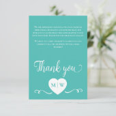 ティール（緑がかった色）ホワイト結婚のハートイニシャルありがとう サンキューカード (スタンド正面)