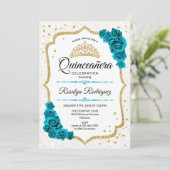 ティール(緑がかった色)ホワイト金ゴールドエレガントフローラキンセアニェラ 招待状 (スタンド正面)