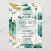 ティール(緑がかった色)ホワイト金ゴールドフローラブライダルシャワー 招待状 (正面/裏面)