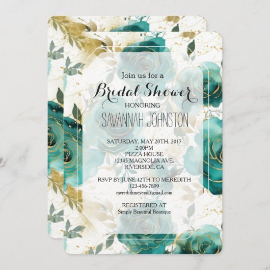 ティール(緑がかった色)ホワイト金ゴールドフローラブライダルシャワー 招待状 (正面/裏面)