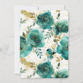 ティール(緑がかった色)ホワイト金ゴールドフローラブライダルシャワー 招待状 (裏面)