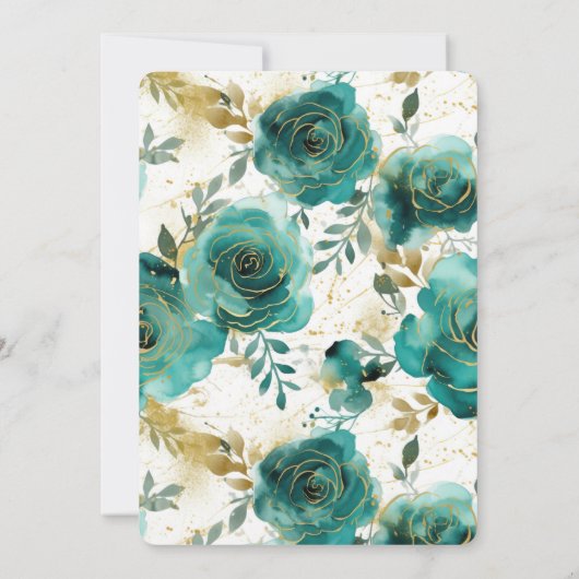 ティール(緑がかった色)ホワイト金ゴールドフローラブライダルシャワー 招待状 (裏面)
