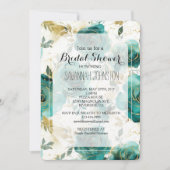 ティール(緑がかった色)ホワイト金ゴールドフローラブライダルシャワー 招待状 (正面)