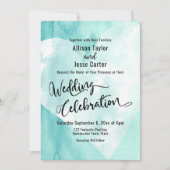 ティール（緑がかった色）·ホワイト·ウォーターカラー·ハートズ·結婚お祝い 招待状 (正面)