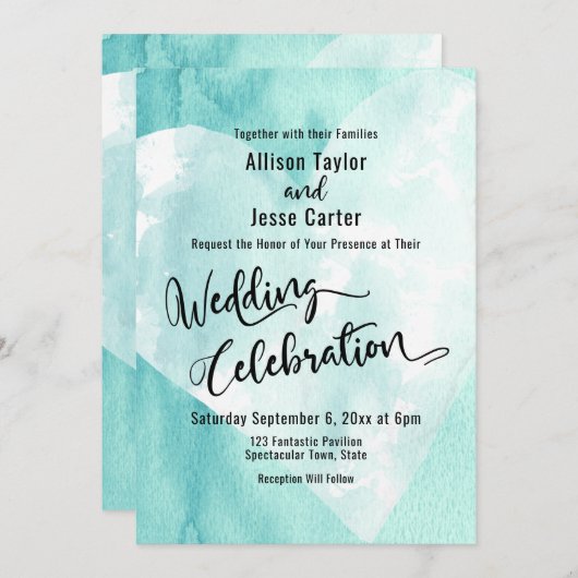 ティール（緑がかった色）·ホワイト·ウォーターカラー·ハートズ·結婚お祝い 招待状 (正面/裏面)