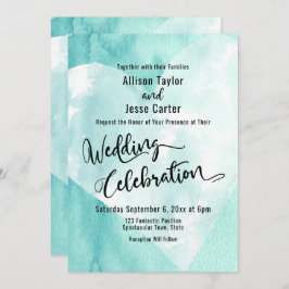 ティール（緑がかった色）·ホワイト·ウォーターカラー·ハートズ·結婚お祝い 招待状