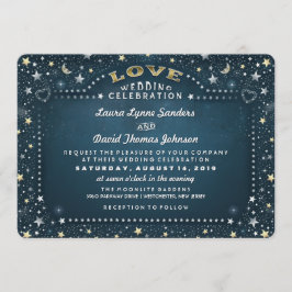 ティール(緑がかった色)ホワイト&金ゴールドムーン&スターズラブ結婚ズ 招待状