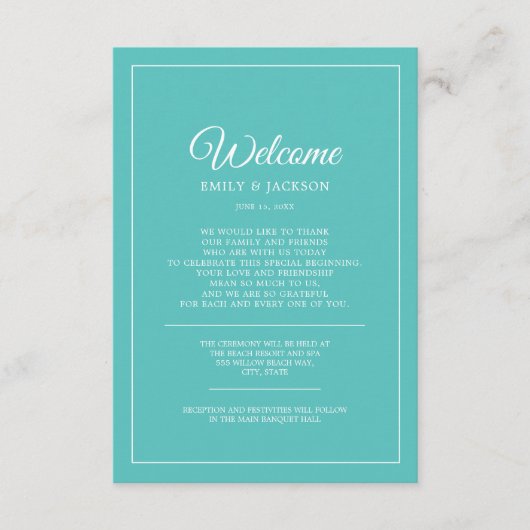 ティール(緑がかった色)ホワ結婚イトへようこそ エンクロージャーカード (正面)