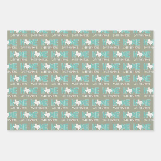ティール(緑がかった色)ホームスウィートニューホーム – テキサス州 ラッピングペーパーシート (正面)