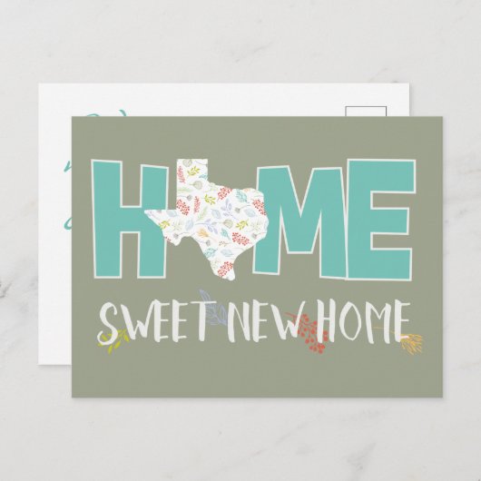ティール（緑がかった色）ホームスウィートニューホーム – テキサス州 案内ポストカード (正面/裏面)