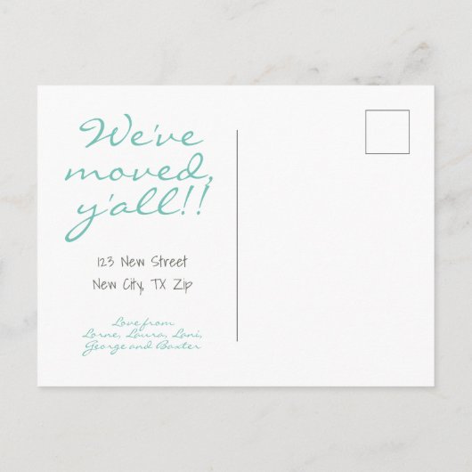 ティール（緑がかった色）ホームスウィートニューホーム – テキサス州 案内ポストカード (裏面)