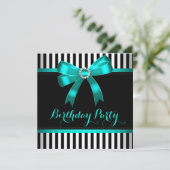 ティール(緑がかった色)ボウ白黒ストライプのバースデーパーティー 招待状 (スタンド正面)