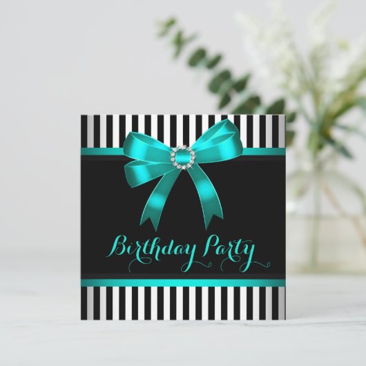 ティール（緑がかった色）ボウ白黒ストライプのバースデーパーティー 招待状 (スタンド正面)