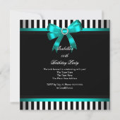 ティール(緑がかった色)ボウ白黒ストライプのバースデーパーティー 招待状 (裏面)