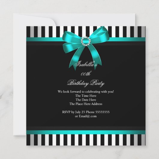 ティール（緑がかった色）ボウ白黒ストライプのバースデーパーティー 招待状 (裏面)