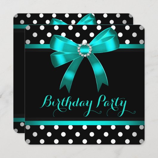 ティール(緑がかった色)ボウ白黒水玉模様バースデーパーティー 招待状 (正面/裏面)